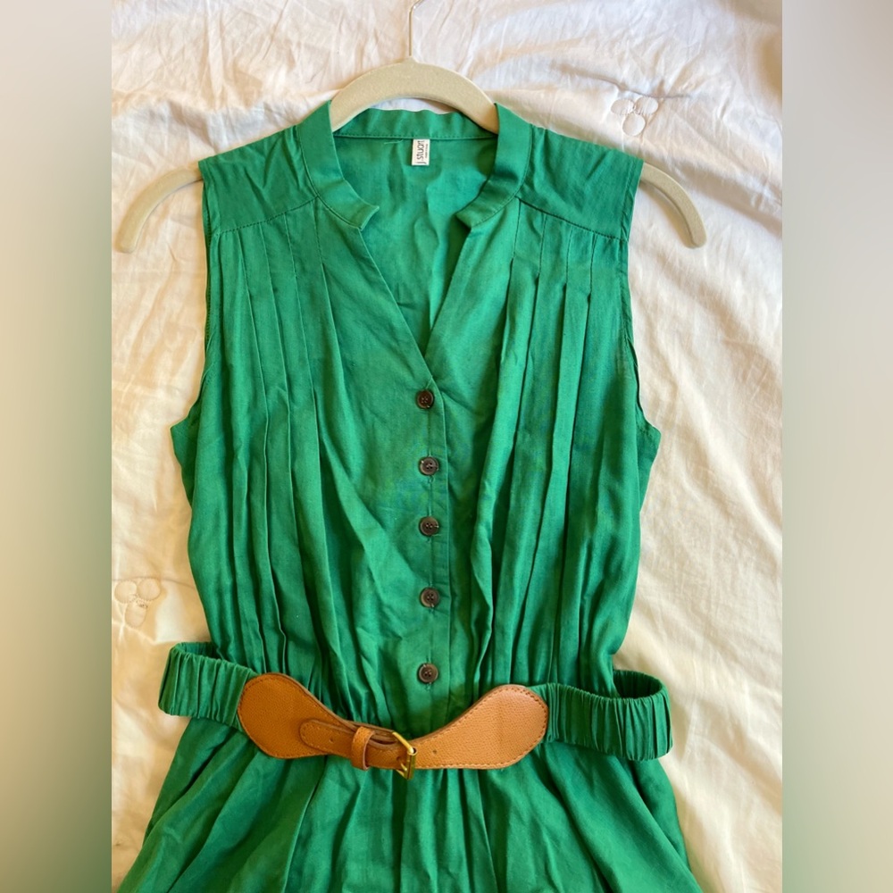 Emerald Green sleeveless dress with front button closure and belt size S